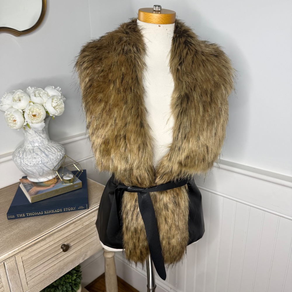 Wenxi Faux Leather Fur Trim Vest Black Brown Tie Waist Pleated Back Womens M Y2K
